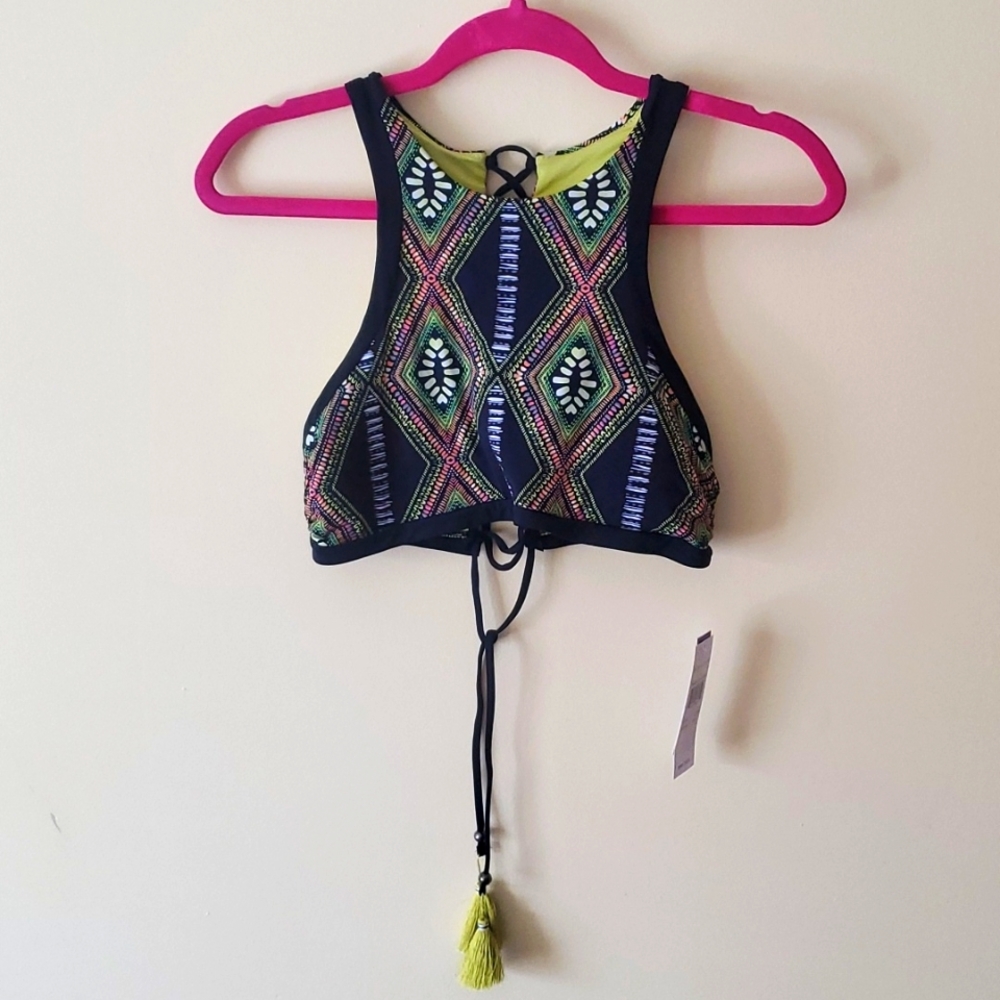 Radio FIJI Swim/Athleisure Bra Top Colorful Lace-up Back Aztec Print Size Large